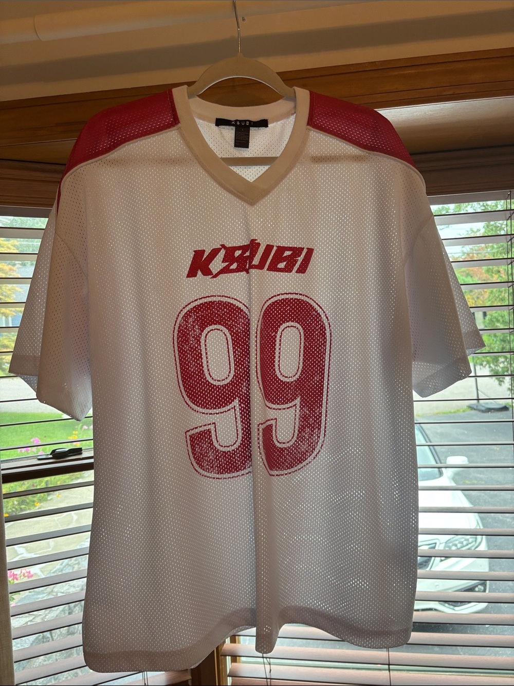 Ksubi White Jersey with Pink Shoulder Panels & '99 Graphic